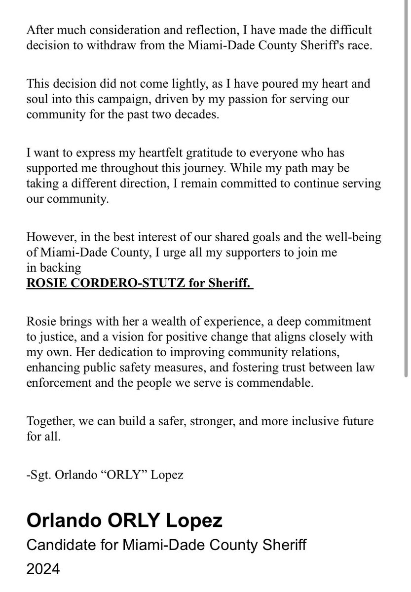 In the Miami-Dade sheriff race, Republican Orlando Lopez drops out and endorses fellow MDPD employee Rosie Cordero-Stutz. Comes a week after Trump endorsed her. Lopez was behind most of the pack in fundraising, with about $15K raised.