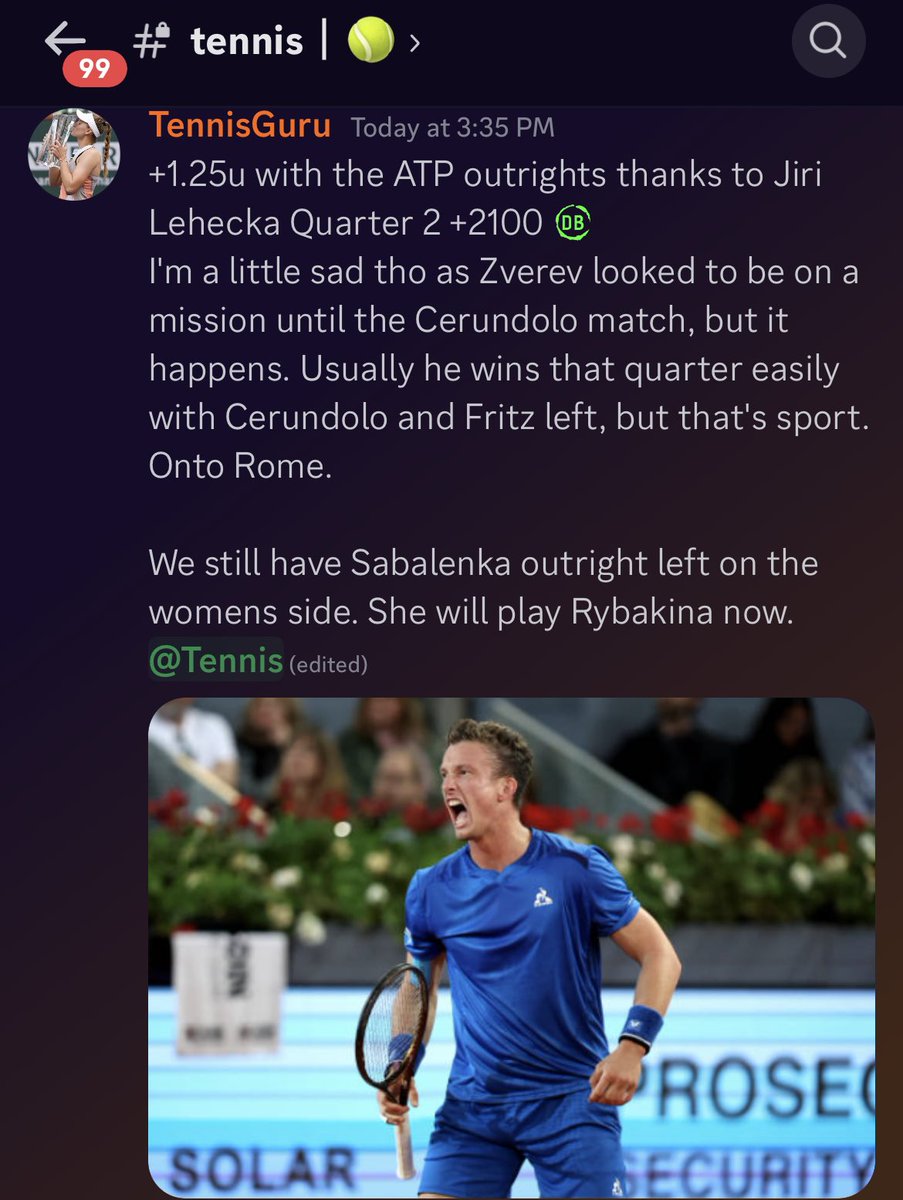 Devin’s Bookie (@devinsbookie) on Twitter photo Futures 🐐 back at it 
We cashed on Jiri Q2 +2100✅ today & have Sabalenka +600 in the finals now! Great work <a href="/TennisGuru2021/">TennisGuru🎾</a> Futures 🐐 back at it 
We cashed on Jiri Q2 +2100✅ today & have Sabalenka +600 in the finals now! Great work <a href="/TennisGuru2021/">TennisGuru🎾</a>
