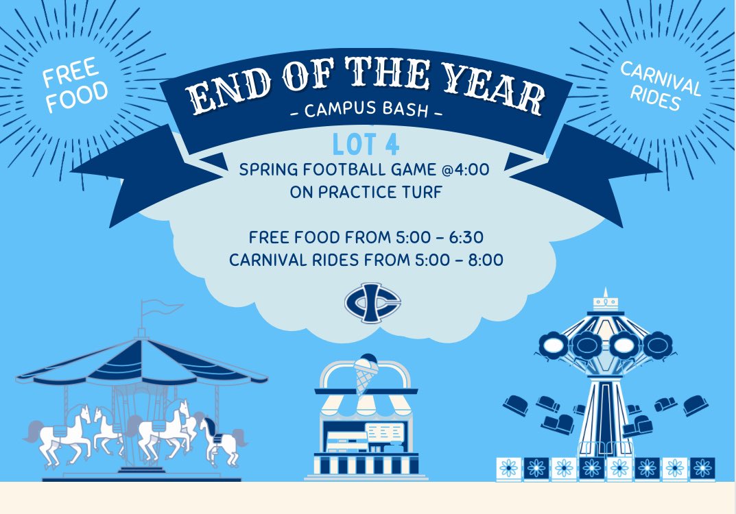 What a year it’s been! 🤩📚🔱 Join us tomorrow night for our End of the Year Bash after the spring football game in Lot 4! Free food and carnival rides!