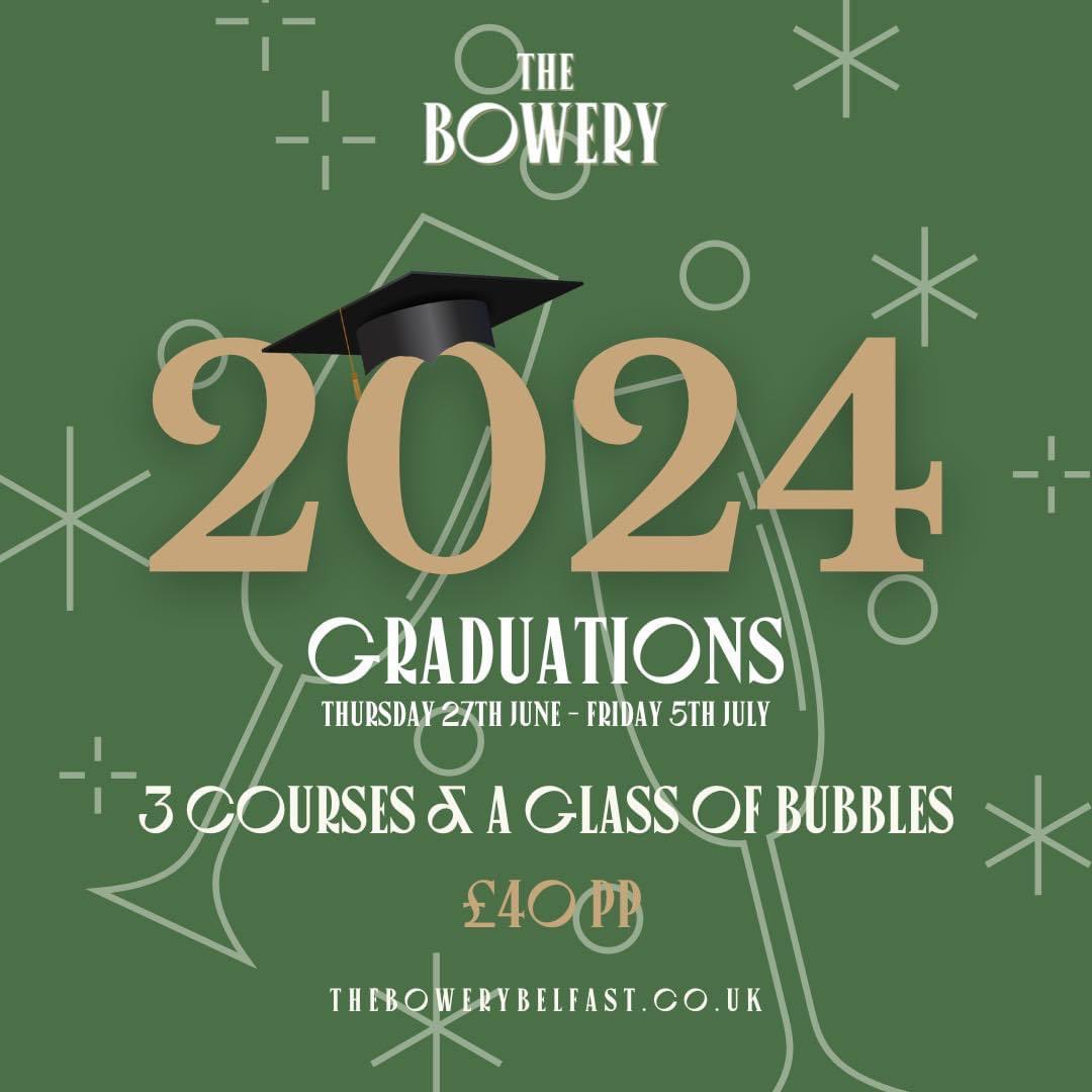 🎓Graduate in style with your family and friends✨ Enjoy our luscious 3 course menu and glass of bubbles as you reflect on this lifetime milestone🥂 

Please book online at thebowerybelfast.co.uk