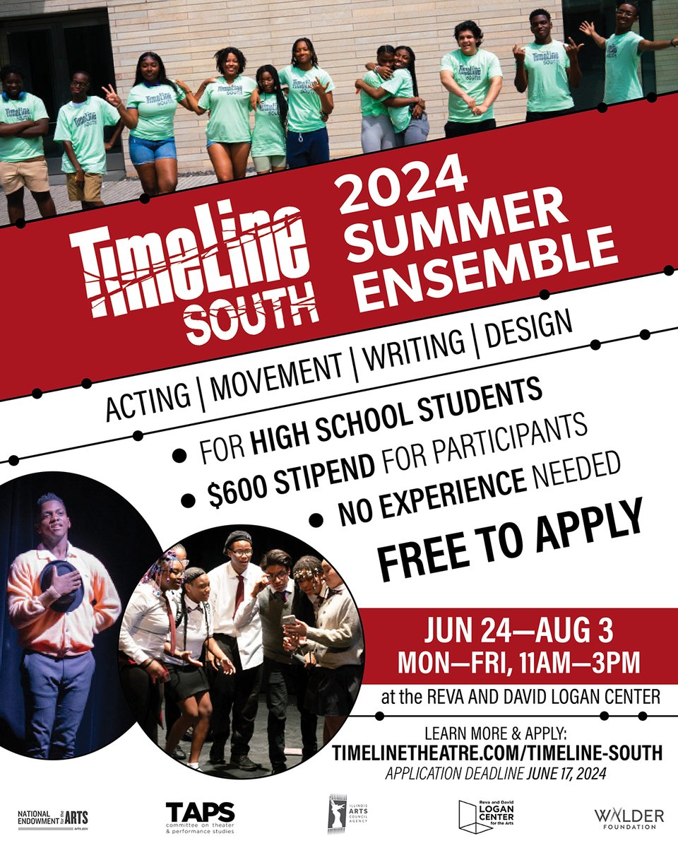 Looking for teens seeking a creative outlet this summer to join the 2024 TimeLine South Ensemble! Learn from professional Chicago theatre artists & create a world premiere production in this FREE 6-week program, JUN 24—AUG 3! Apply today >> timelinetheatre.com/timeline-south/ #ChicagoTheatre