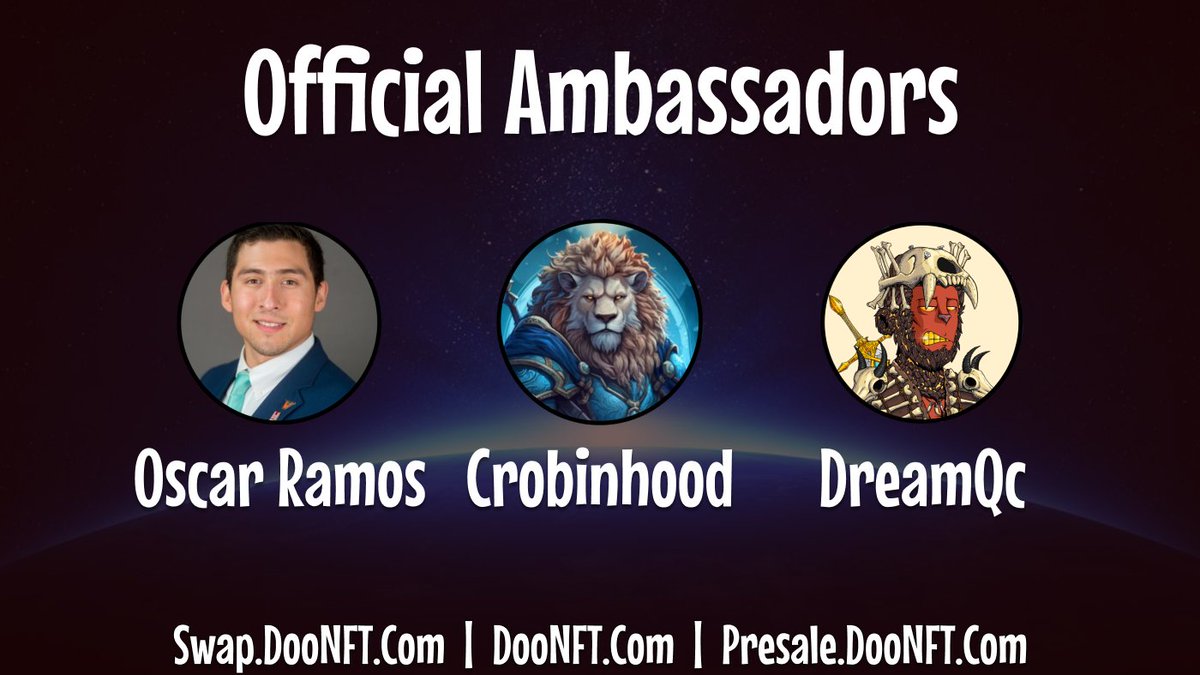 DooSwap | $CHUCKY | DooNFT (@thedoonft) on Twitter photo We have selected and secured 3 Ambassadors!
They have been selected for their exceptional reach, dedication, and meaningful connections within CroFam.
Meet the Ambassadors of the Doo Ecosystem:
<a href="/realOscarRamos1/">Oscar Ramos</a>
<a href="/crobinhood10/">Crobinhood</a>
<a href="/Dream_Qc_/">DreamQc</a>
$CHUCKY ๐
#crofam #cronos We have selected and secured 3 Ambassadors!
They have been selected for their exceptional reach, dedication, and meaningful connections within CroFam.
Meet the Ambassadors of the Doo Ecosystem:
<a href="/realOscarRamos1/">Oscar Ramos</a>
<a href="/crobinhood10/">Crobinhood</a>
<a href="/Dream_Qc_/">DreamQc</a>
$CHUCKY ๐
#crofam #cronos