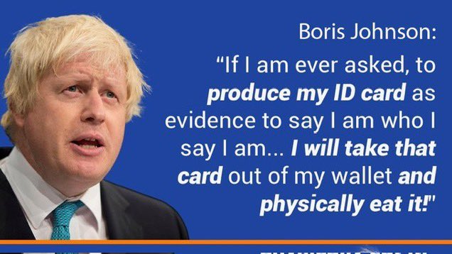 Boris Johnson turned away from a polling station because he didn’t have the legally required ID. Remind me, what was it he said in 2004 about having to produce ID? Oh yes…