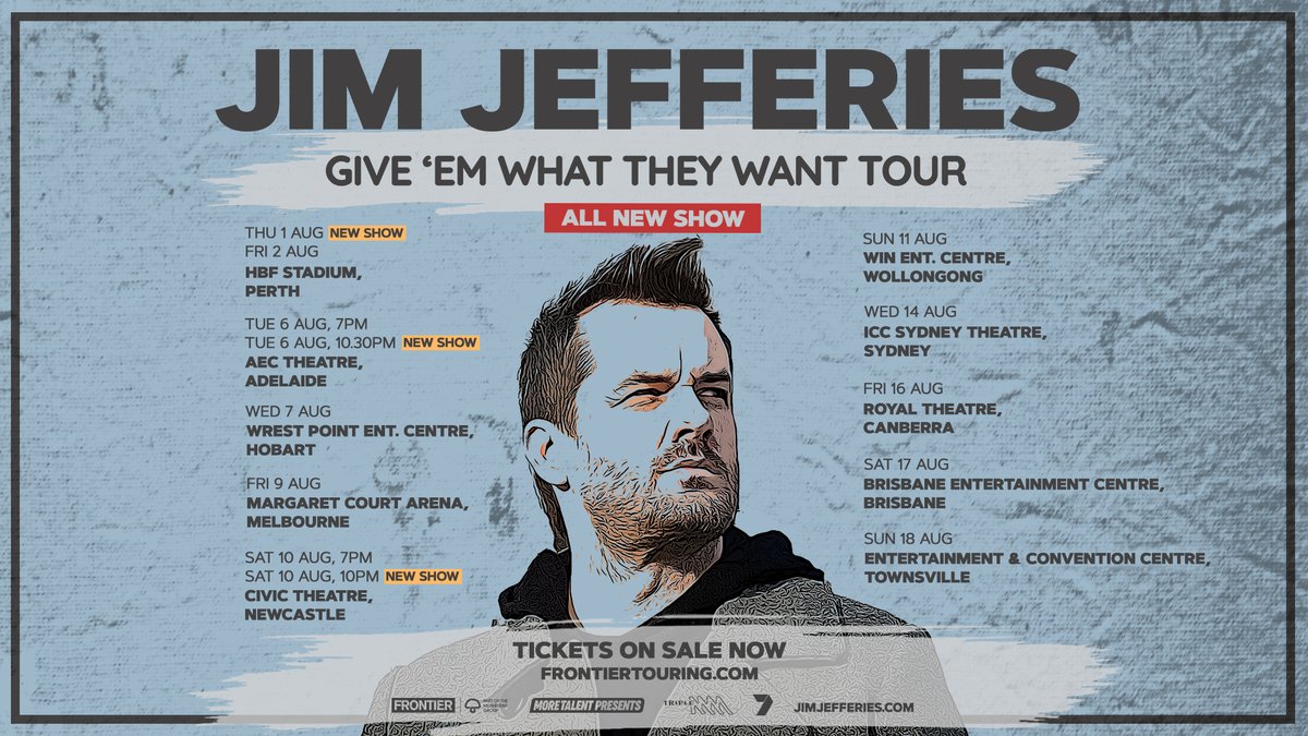 ON SALE TODAY 📣 Get your @jimjefferies tickets from 9am local time  → 🎫 frontiertouring.com/jimjefferies