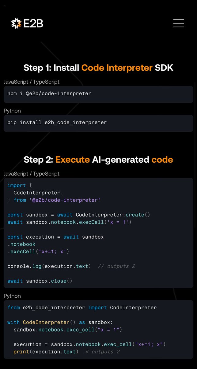 Two simple steps that fit on a phone screen to get started with code interpreting in your AI app 👇