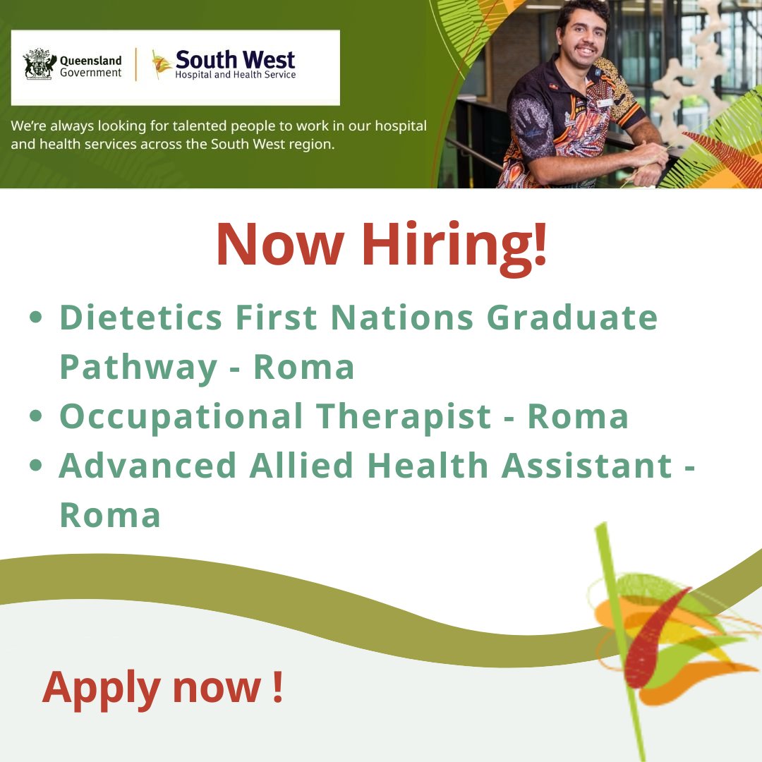 Join us in building better health in the bush!
South West Hospital and Health Service has exciting opportunities in Roma
#whereareyouheadingtoday #alliedhealthjobs #MoveToMore
