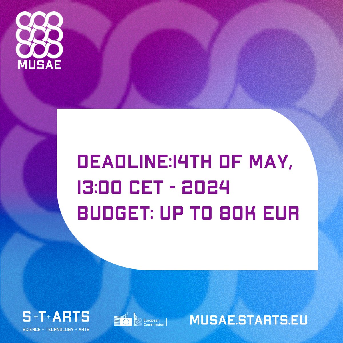 MUSAE S+T+ARTs 2nd Open Call for teams 2 new scenarios are added to the 2nd Open Call! Even more opportunities to explore and create future-driven prototypes! Deadline: 14th May 2024 Budget: Up to 80K EUR More info can be found here: musae.starts.eu/wp-content/upl…