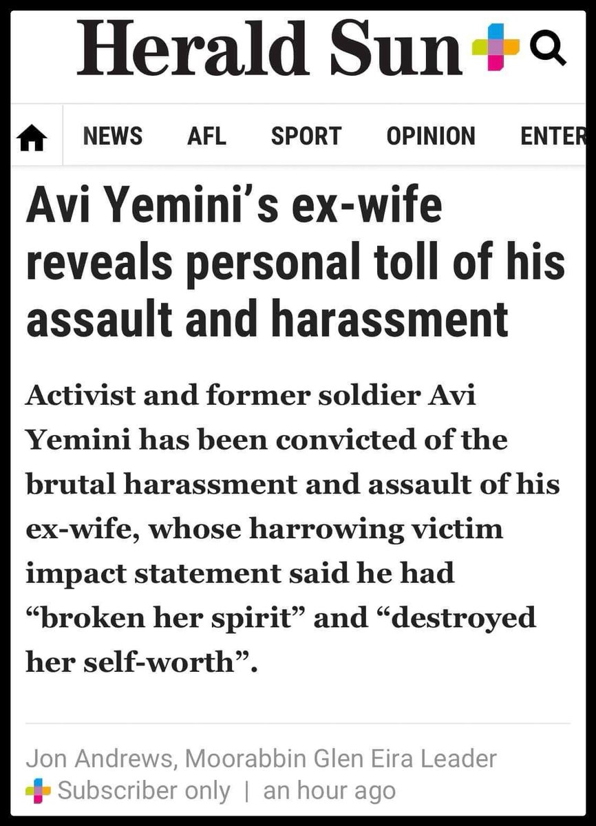 Avi Yemini was convicted for brutally bashing his ex wife.

Avi and his thug mates have been walking around Melbourne harrassing women who are protesting Israels genocide in Gaza.   

This information should be available to women and everyone else in the community.