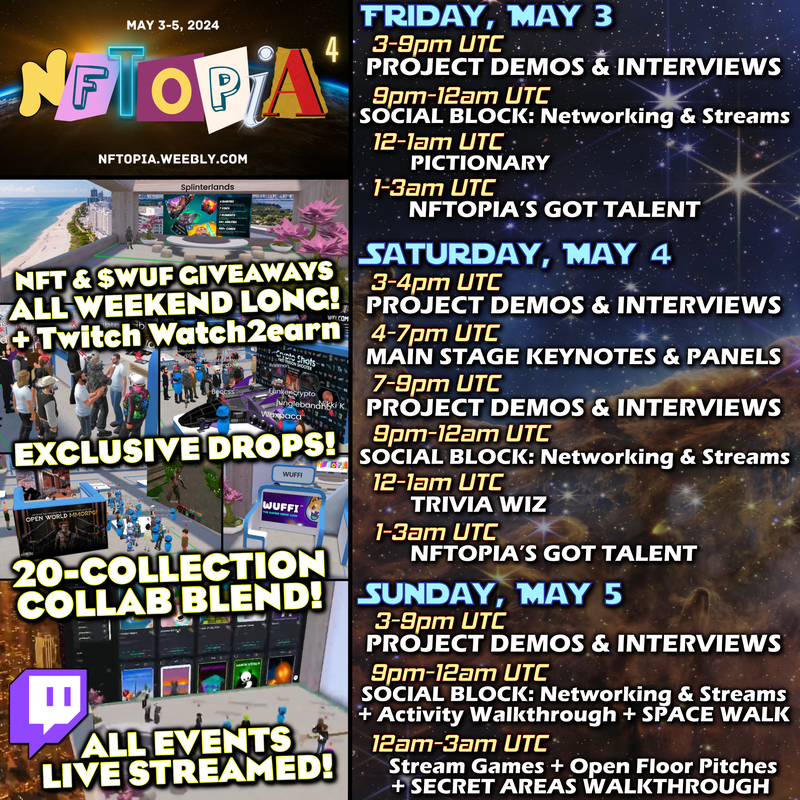 Its officially in finally!
May 3rd, 2024 at 3pm UTC, #NFTOPIA 4 will kick start!

As @thenftopia reveals, there will be #NFTs & $WUF Giveaways all through this weekend + watch2earn through @ConsumerBreak

Set for this epic #Metaverse convention with 20 collection Collab blend?