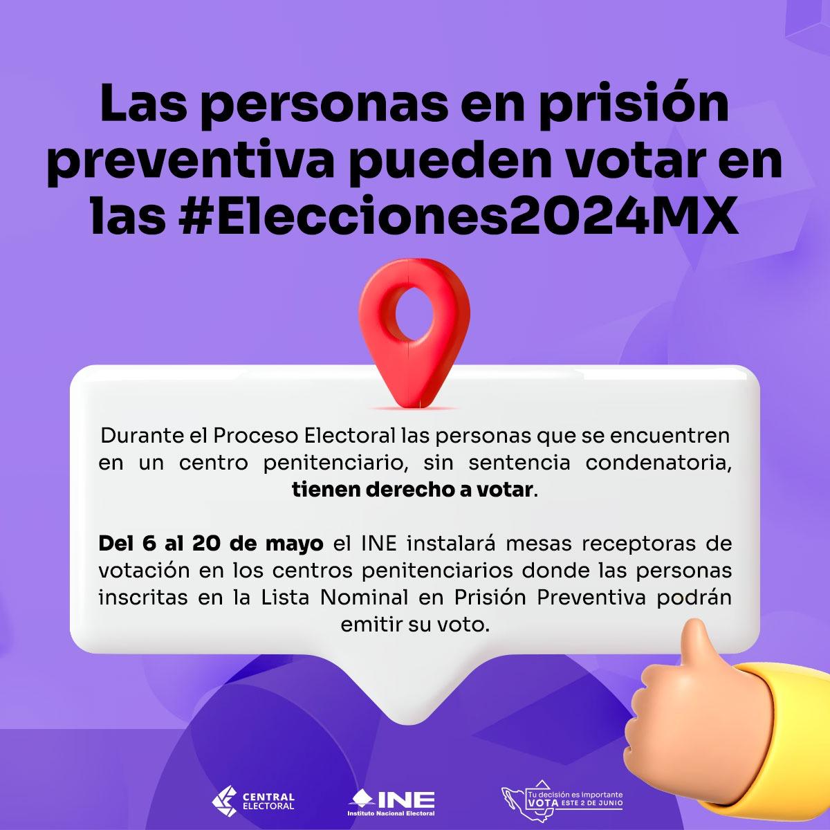 En las #Elecciones2024MX, las personas en #PrisiónPreventiva incluidas en la Lista Nominal que se encuentren en espera de una sentencia definitiva, podrán emitir su voto del 6 al 20 de mayo. Conoce más en: ine.mx