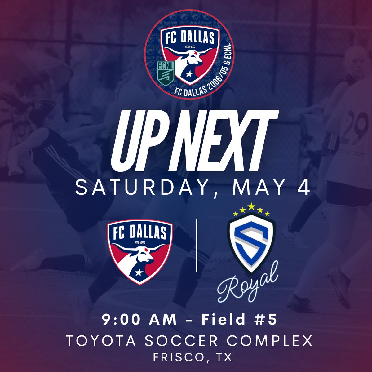 Only a few games left in our @ECNLgirls TX Conference regular season❗️This Saturday we host Sting Royal! #DTID #CEFHAI #HnH ⬇️ GAME DETAILS ⬇️ @FCDwomen | @TheECNL