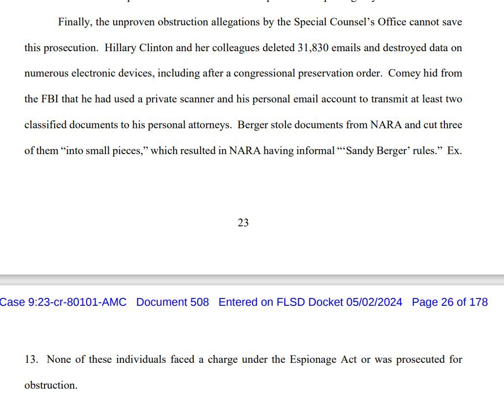 BREAKING: Trump just filed unsealed version of motion to dismiss in his classified documents case, which includes a refutation about Hillary Clinton’s 31,830 deleted emails and destroyed data.