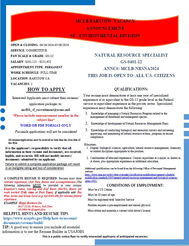 We are hiring! Come join an exceptional team at Marine Corps Logistics Base (SF – Facilities Department)
#hiring #NRSNA #naturalresource #specialist #1401 #MCLBBARSTOW
linkedin.com/feed/update/ur…