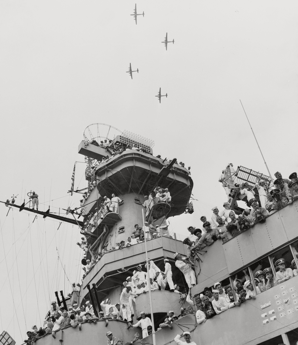 Date: September 02, 1945. Location: 35°21′17″ N, 139°45′36″ E. Event: USAAF and USN aircraft perform a flyby (with ca. 1,500 units participating) over battleship Missouri right after the 'Instrument of Surrender' was signed on her board. Boeing B-29 Superfortress bombers are in…