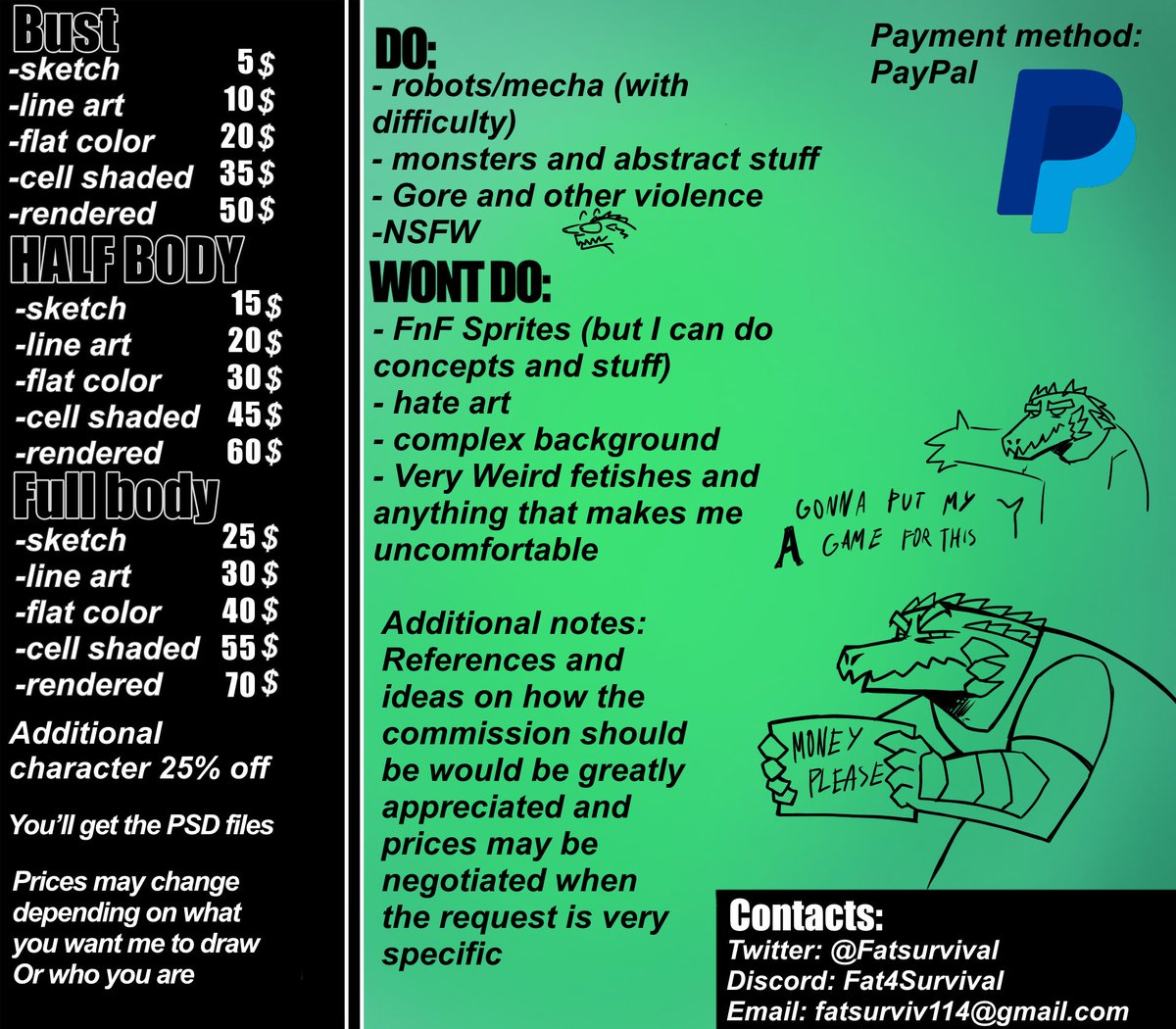 FatSurvival's tweet image. COMMISSIONS ARE OPEN
Made some adjustments and changes like lowering the prices a bit and contacts
Specific details will be discussed in dms