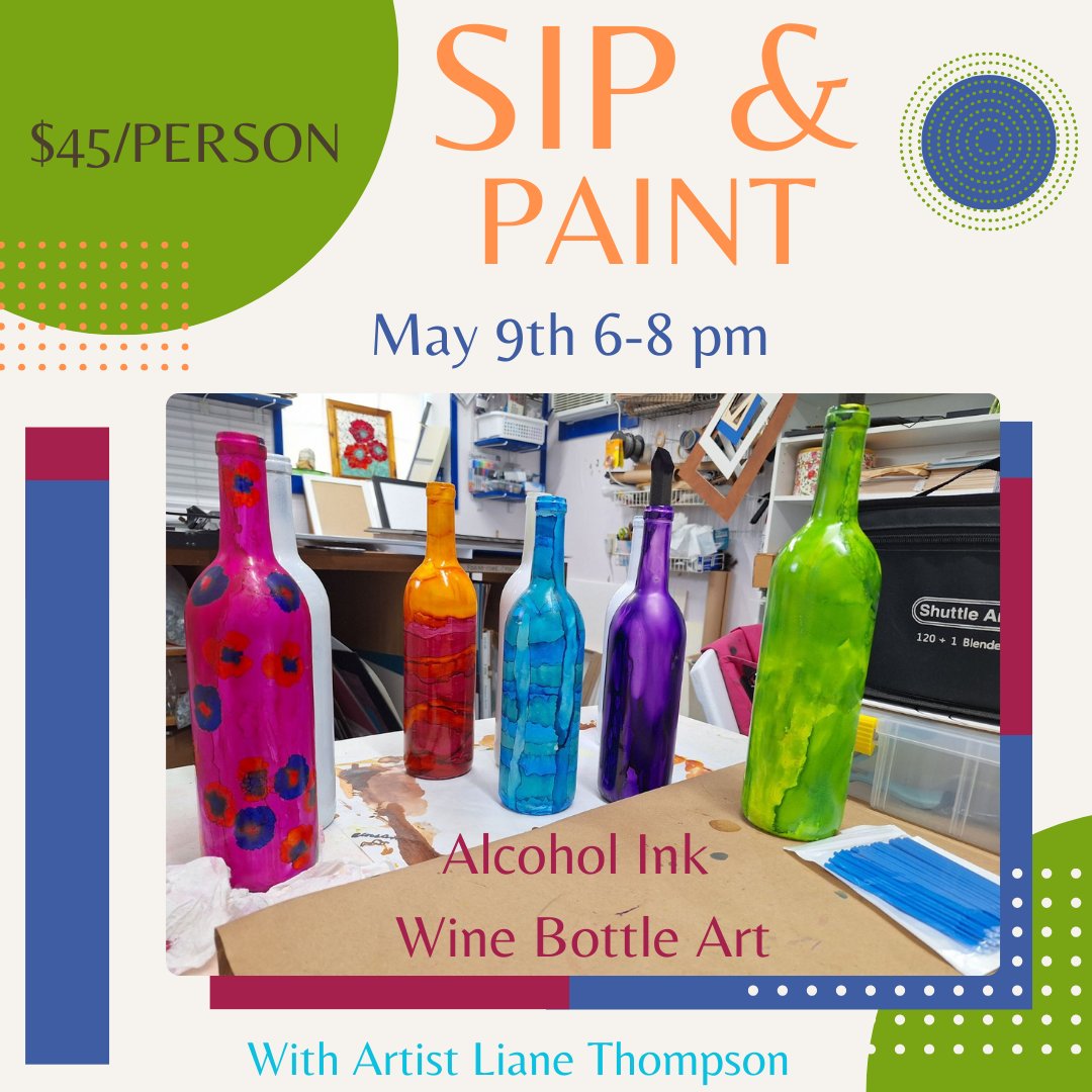 Unleash your creativity with alcohol ink and create a stunning piece of wine bottle art at our Sip & Paint event on May 9 from 6-8 pm. Just $45/person and includes a glass of wine.  Get tickets here: ow.ly/Mz0T50RvgtB🍷🎨 #SipAndPaint #WineArt