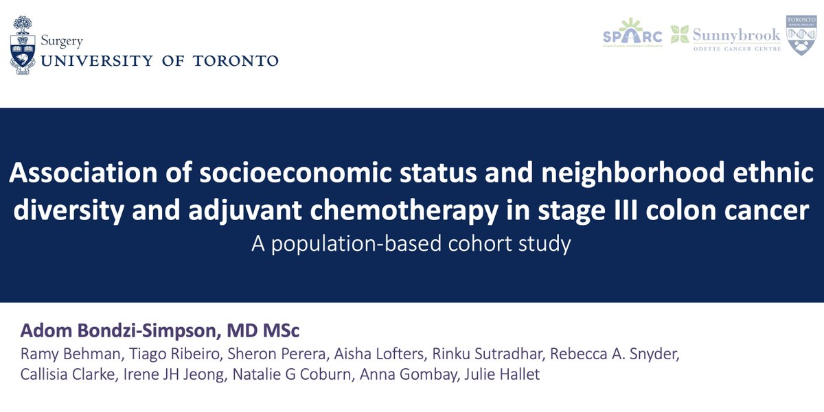 Influence of social determinants of health on receipt of adjuvant chemotherapy in stage 3 colon cancer. Congrats @Bondzi23 on @_CSSO talk!⭐️ Lower socioeconomic status & higher neighbourhood ethnic diversity associated with ⤵️ odds of med onc consultation & of adjuvant chemo