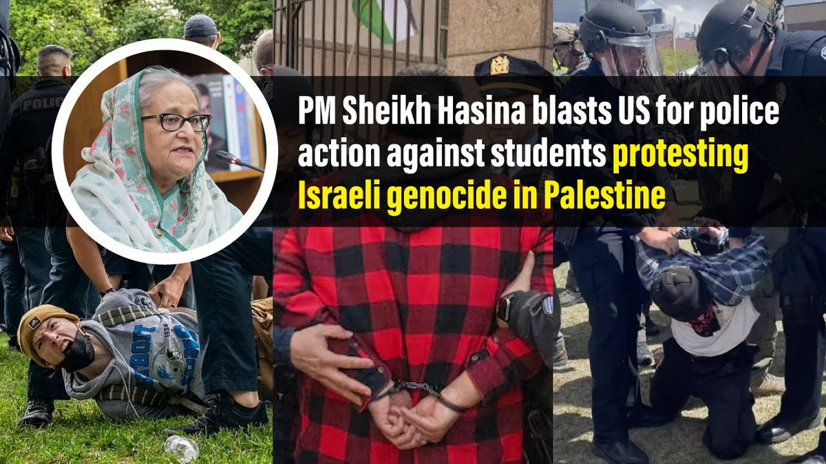 HPM #SheikhHasina came down heavily on #USA for its action against students and teachers for protesting #Israeligenocide in #Palestine. 'The way police behaved with them raises the question about how much #humanrights are there', she said. 👉link.albd.org/ee5d2