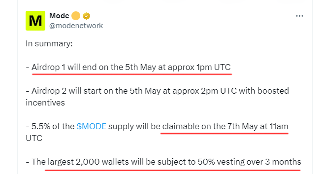 Mode Airdrop Date Announced! 🪂 - Airdrop 1 will end on May 5th - Claim on May 7th at 11am UTC 5.5% of the $MODE supply is reserved for this airdrop. The largest 2,000 wallets will be subject to 50% vesting over 3 months. Airdrop 2 will start on the 5th May at approx 2pm UTC…