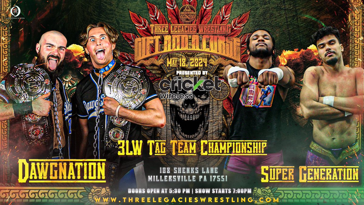 🚨Match Announcement🚨
May 18
Gift and a Curse
3LW Tag Team Championship
Dawgnation (c) vs Super Generation
threelegacieswrestling.ticketspice.com/gift-and-a-cur…