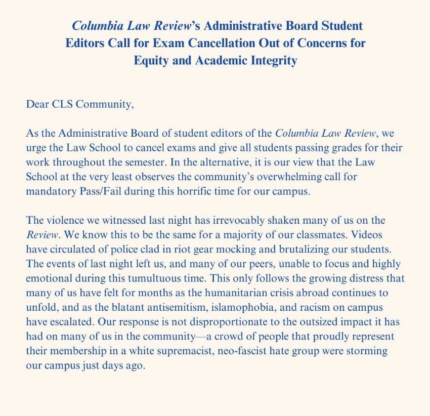 Jokes write themselves: 1. @Columbia students violate all rules and vandalize the university 2. Police finally evacuates them 3. They send a letter 👇 demanding that the university cancels their exams and gives them passing grades, because they are 'irrevocably shaken' 🤡