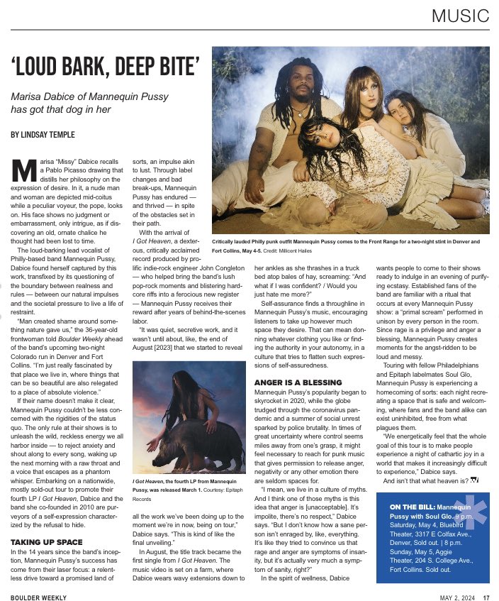 Making her <a href="/boulderweekly/">Boulder Weekly</a> debut, <a href="/grrlfromflorida/">Lindsay</a> talked to Missy Dabice of <a href="/mannequinpussy/">MP</a> about shame, anger and their killer new LP ahead of the band’s two-night Colorado run w/ <a href="/soulglophl/">SOUL GLO</a> this weekend 

Link in replies 🔗👇