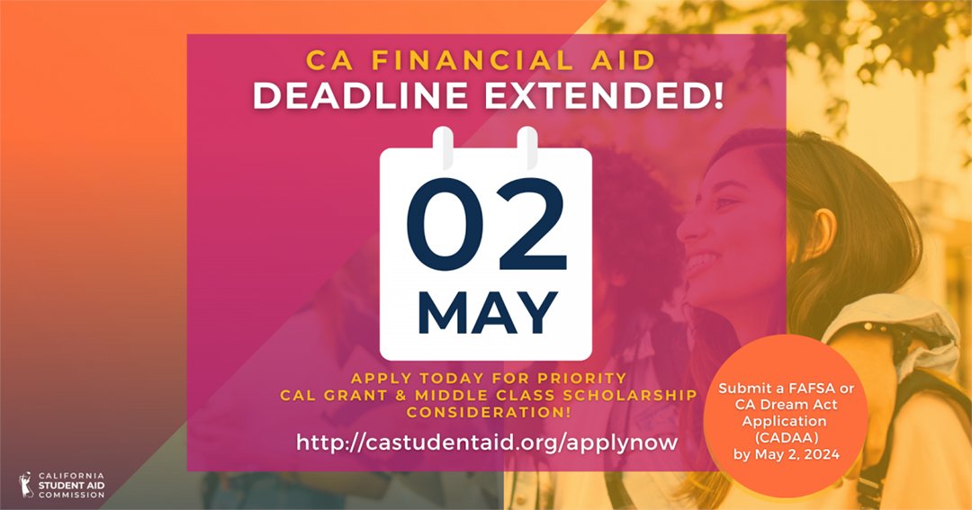 🚨 Attention new and continuing college students:

The state priority deadline for #FinancialAid is today!!!

Head to csac.ca.gov/how-apply to get help filling out your #FAFSA or #CADAA! Don't miss out!