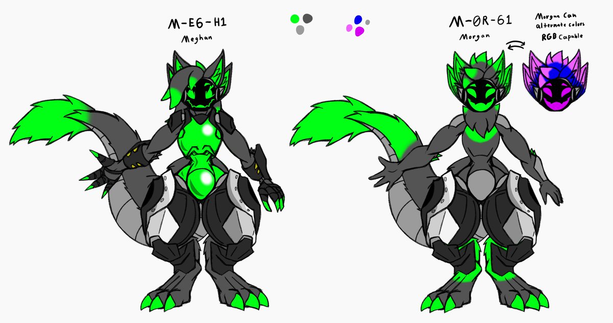 Check it out!

Full refs for my protogen twins, Meghan and Morgan. :D

Morgan, being the burnt toaster than he is, can also shift his colors, so while he defaulted to the darkgrey green his sister had, he loves his loud bright colors like his blue/pink coloration he's had before.