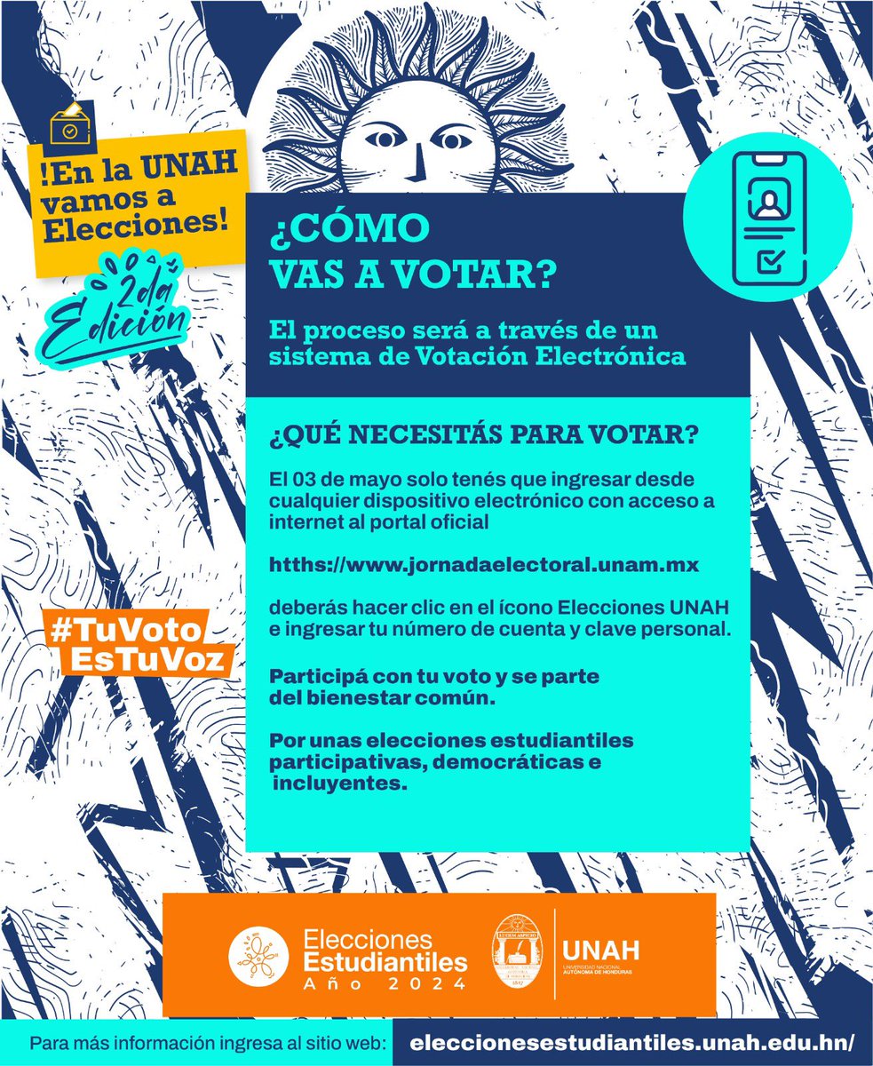 Recuerda que las Elecciones Estudiantiles UNAH serán a través de un sistema de Votación Electrónica, contando nuevamente con el apoyo de la Universidad Nacional Autónoma de México (UNAM) El enlace que utilizarás será el siguiente: jornadaelectoral.unam.mx