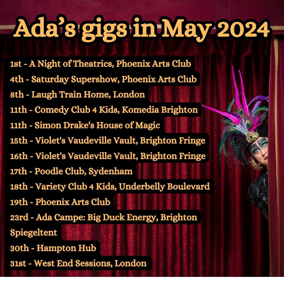Where to find me this May! Including @phoenixartsclub @thepoodleclub @ComedyClub4Kids @westenddk @LaughTrainHome - and of course my show Big Duck Energy at @BSpiegeltent 🦆😃🥳