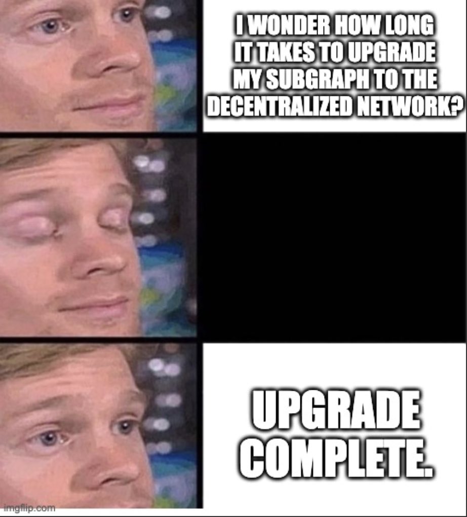 In the time it takes you to read this post, you’d be halfway done upgrading your subgraph to the decentralized network! The upgrade flow is quick, and we have a full support team standing by to assist if you get stuck along the way. Let’s upgrade! @graphprotocol #GraphRising