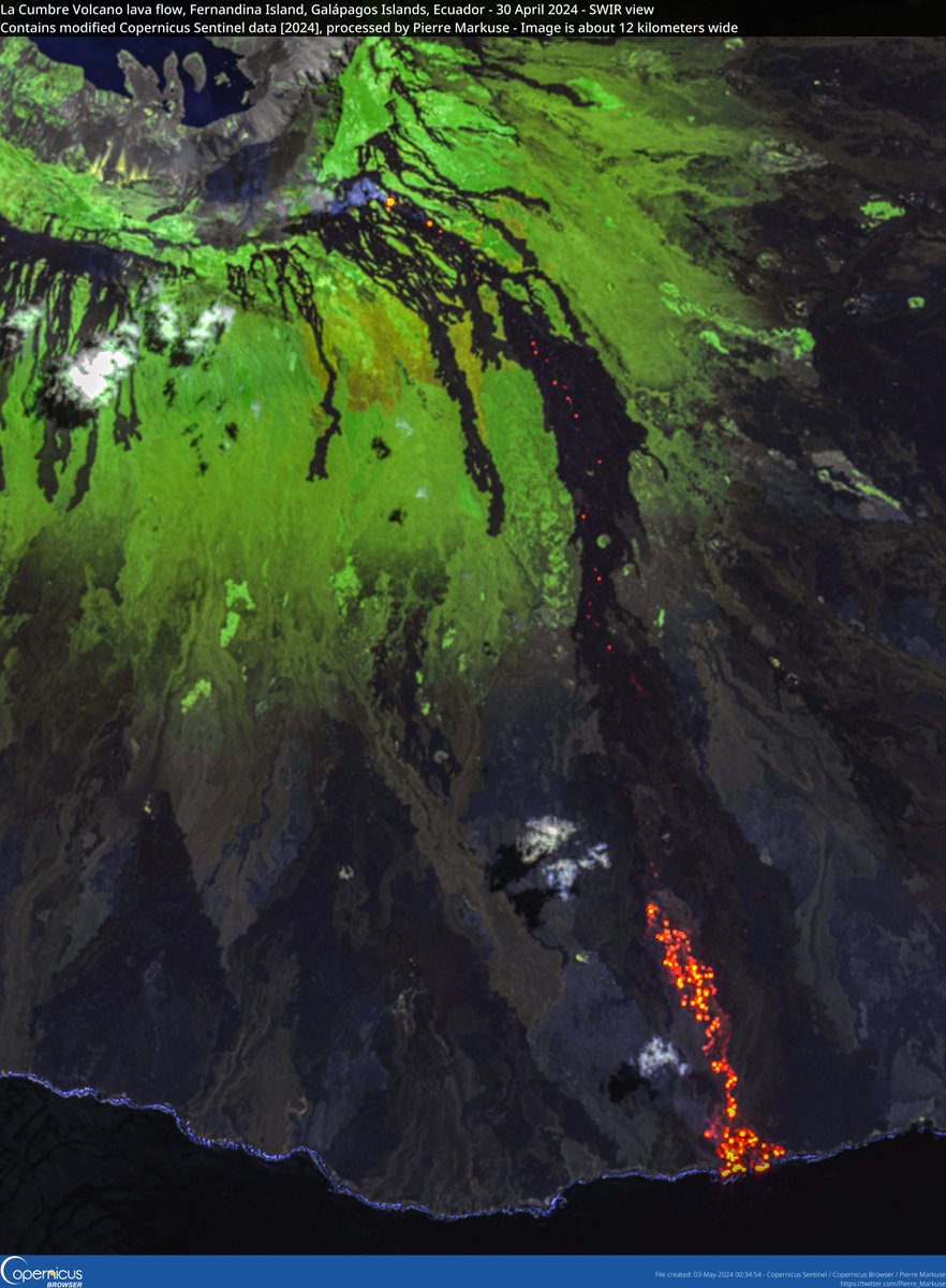 🟠 La Cumbre Volcano lava flow🌋, Fernandina ISland, Galápagos Islands, #Ecuador 🇪🇨 30 April 2024 #Copernicus🇪🇺 #Sentinel-2🛰️ Full-size ▶️ flic.kr/p/2pNQdWK #SciComm #OpenData Image is about 12 kilometers wide #volcano #LaCumbre