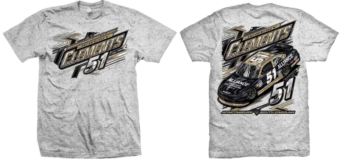 Check it out #ClementsNation! Thanks to @matmandesigns you can get your own @JClements51 @AllianceDriveA1 #NASCARThrowback T- Shirt!! Preorder yours today!!! Limited quantities available. #SpartanburgFlash #NASCAR #LadyInBlack jeremyclements51.com/product/2024-a…