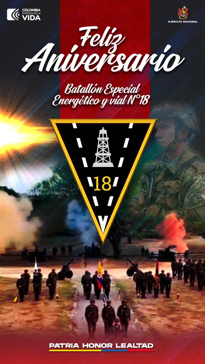 #Hoy ¡Celebramos 12 años de servicio y dedicación del Batallón Especial Energético y Vial N.°18 de la #Brigada18! Unidad que protege la infraestructura crítica de la Nación. Gracias por su compromiso con la seguridad y desarrollo de #Arauca. Feliz Aniversario 🎉👏 #FeEnLaCausa