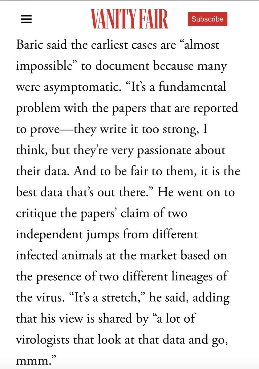 @past_is_future You left out Baric saying he does not buy the 2 separate spillovers at Huanan market hypothesis of Worobey and Pekar. He favors an earlier zoonotic introduction, but only on the basis of there being more prior precedent for zoonosis, not any actual evidence suggesting it here.