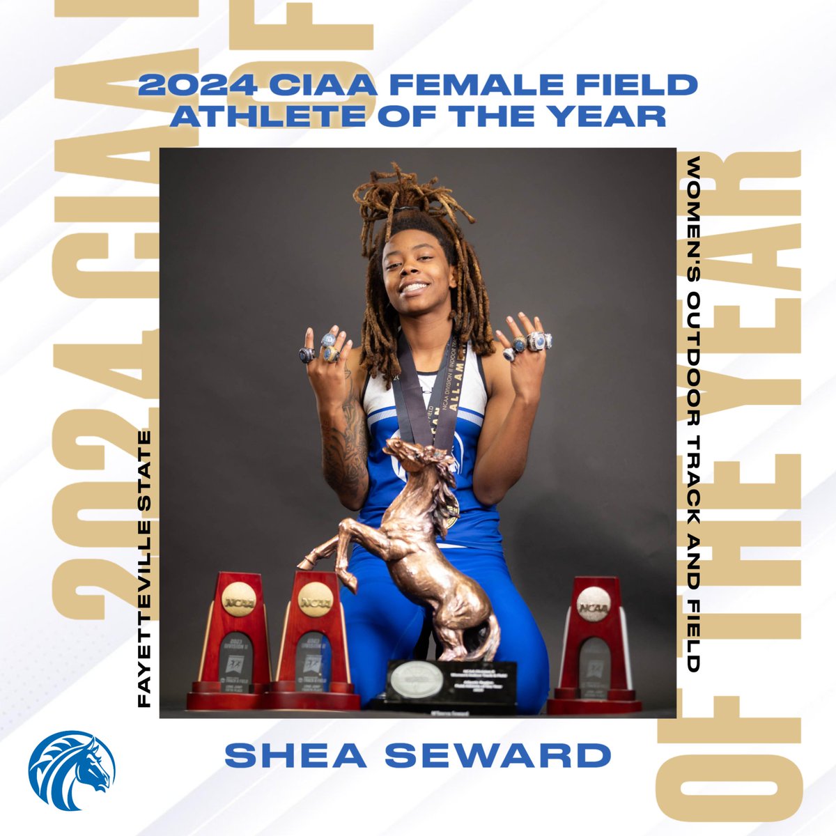 Congratulations to Shea Seward on being named the 2024 CIAA Women's Outdoor Field Athlete of the Year! 💙🤍🐴 #fsubroncos #CIAAtrack #broncopride