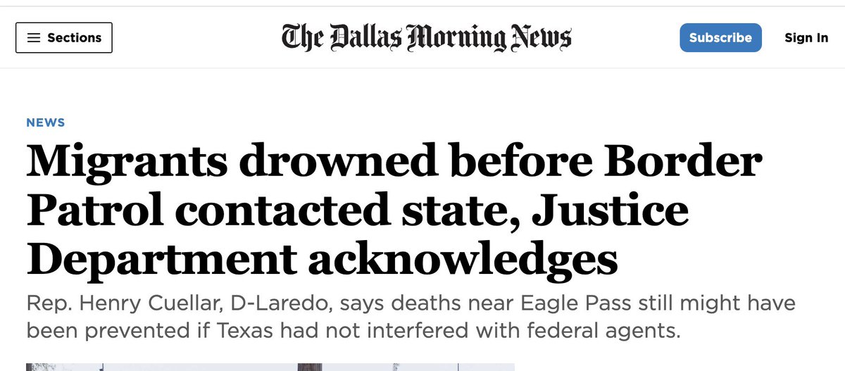 But the story wasn’t true. The day after the reporting, the Biden admin quietly included in a filing to SCOTUS that the deaths had occurred *an hour before* Texas was even notified. 

Here’s @dallasnews, who did a much better job than national outlets on this story.