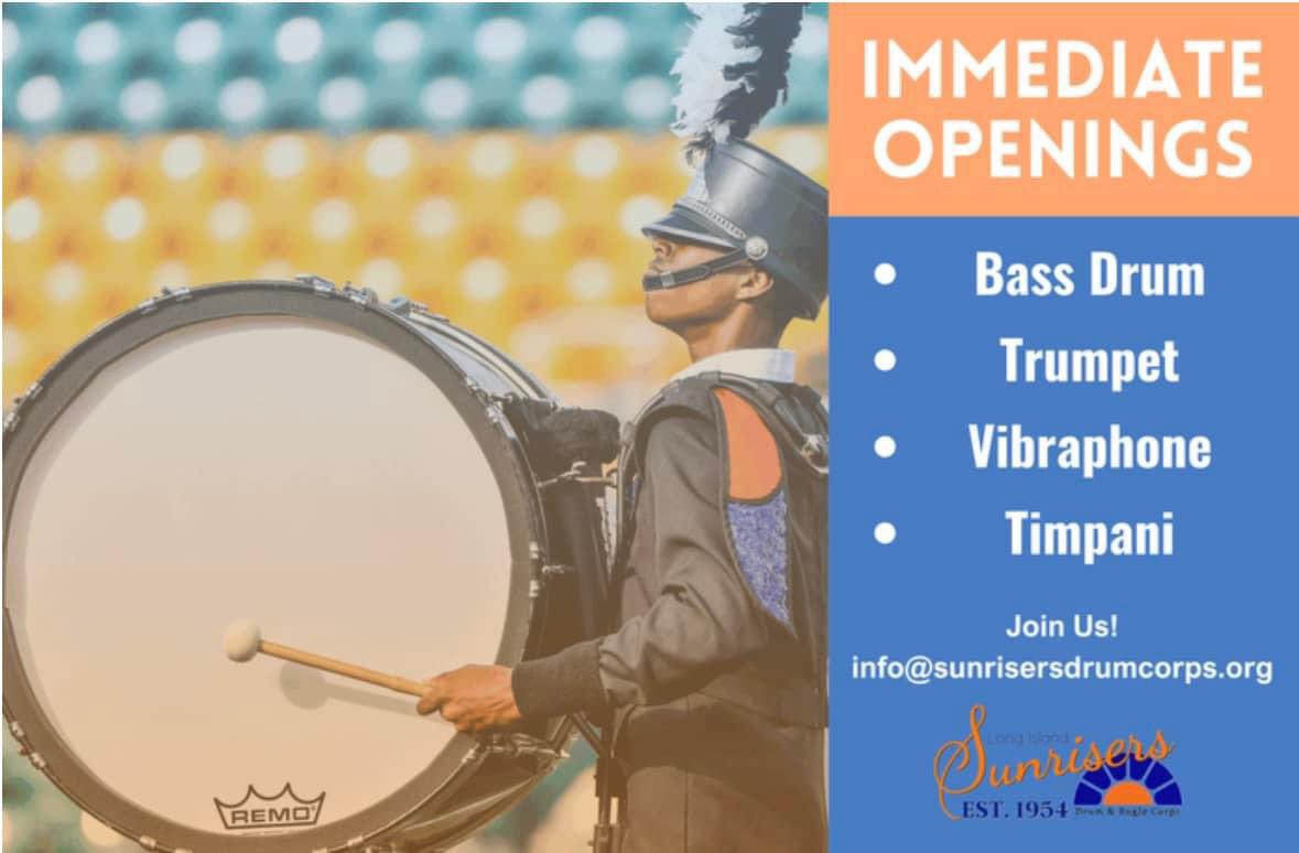 Immediate openings - Bass Drum, Trumpet, Vibraphone, and Timpani

Join us this weekend!

Register for this weekend here:  forms.gle/wNMyd9K2qD7CdR…

5/4 &amp; 5/5 FULL CORPS REHEARSAL
Positions still available in all sections.  Reach out for more information!