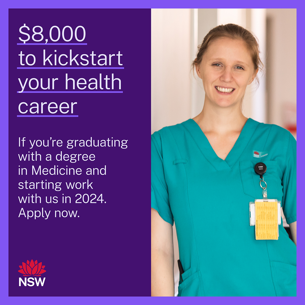 Would $8,000 make a difference to your career in health? If you're a medicine graduate, we'll pay you up to $8,000 to start your career in @NSWHealth. To be eligible, you need to be a graduate starting a job with NSW Health in 2024. Spots are limited. health.nsw.gov.au/studysubsidies