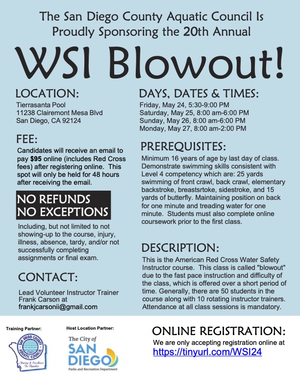 The 20th annual WSI Blowout starts May 24th! Take the American Red Cross Water Safety Instructor Course just in time for the summer. 📌Online Registration at: docs.google.com/forms/d/e/1FAI…
