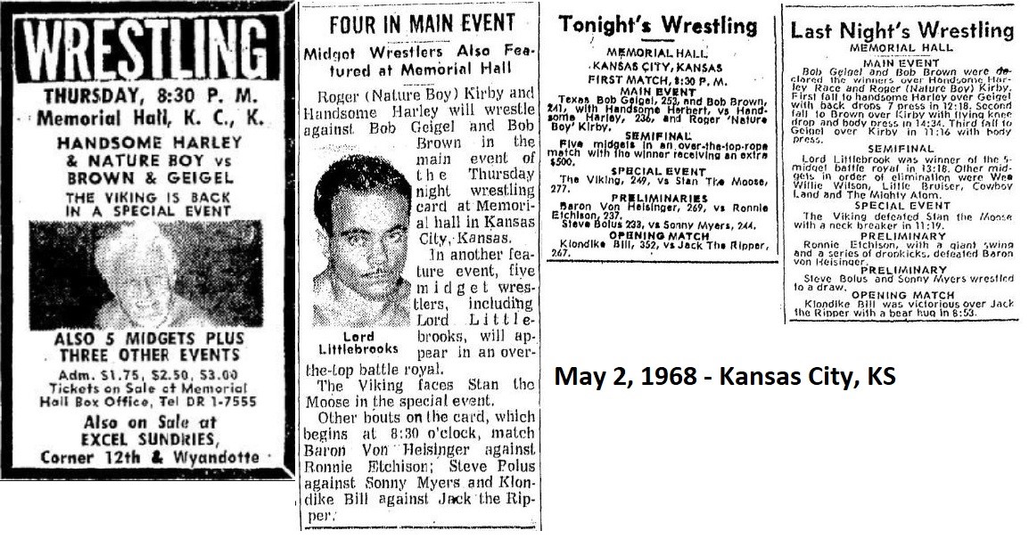 May 2, 1968 - Memorial Hall, Kansas City, KS Main Event: Harley Race & Roger Kirby vs. Bob Geigel & Bulldog Bob Brown