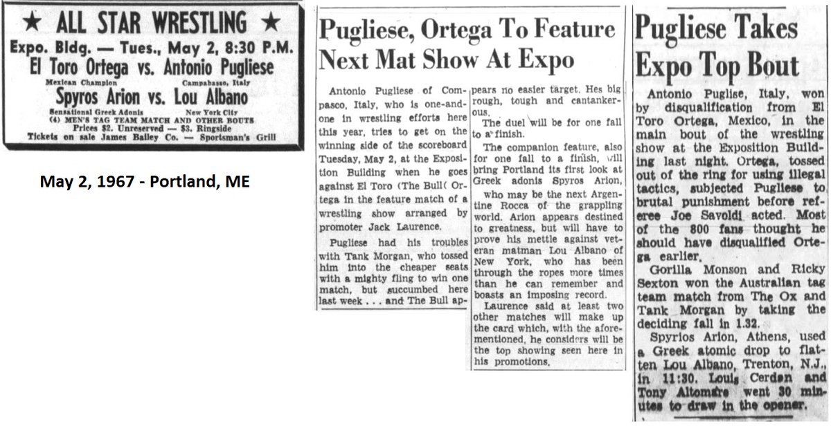 May 2, 1967 - Expo, Portland, ME Main Event: El Toro Ortega vs. Antonio Pugliese