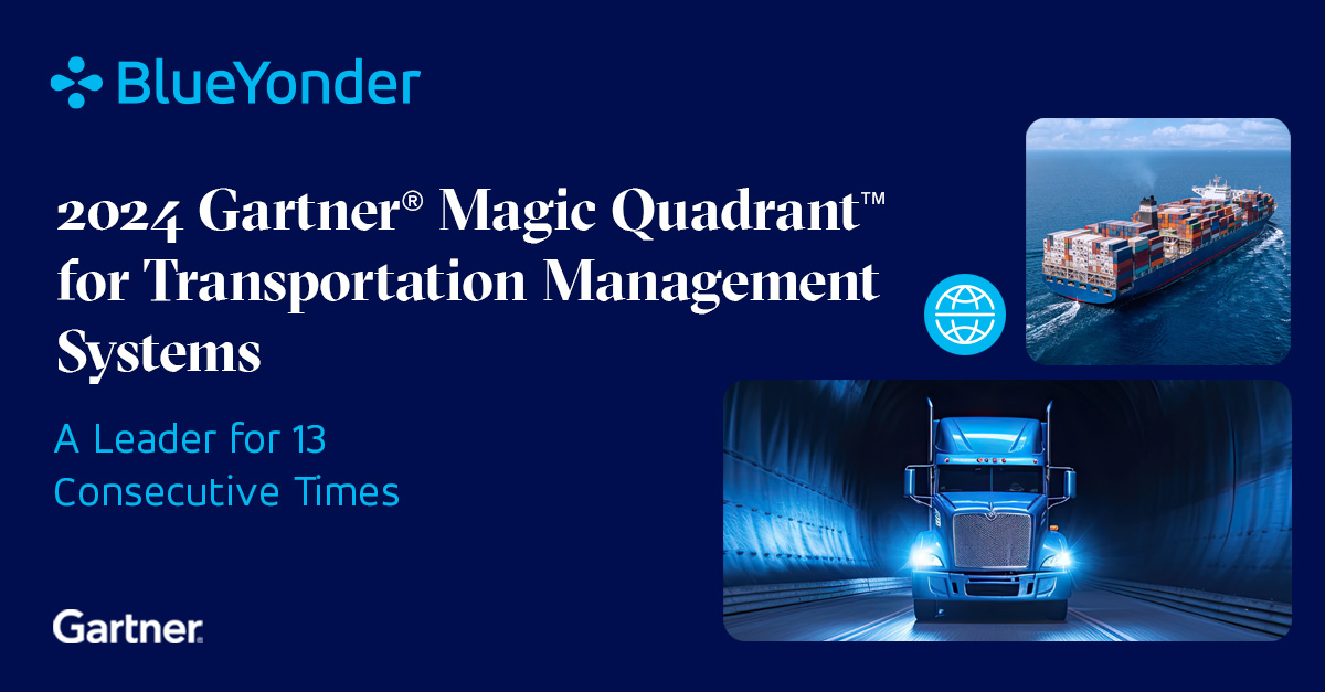 Missed our big announcement? Blue Yonder was named a Leader in the 2024 @Gartner® Magic Quadrant™ for Transportation Management Systems! Positioned farthest in Completeness of Vision, explore the details here: bit.ly/43PSiOv