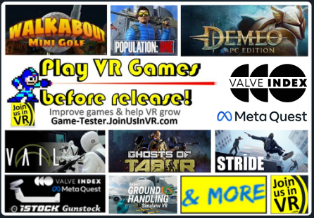 More #VR PRE-RELEASE Game Testers needed <a href="/JoinUsInVR/">JoinUsInVR</a>.  Help make good games GREAT.  New thru  2 years pre-release (some below).

FUN game-changing ideas to help #developers
1️⃣► ❤+🔁+💬
2️⃣► JOIN + ask in CHAT at JoinUsInVR.com