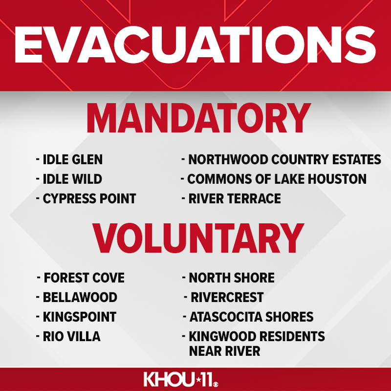 KHOU's tweet photo. Mandatory and voluntary evacuations have been issued for several communities near the San Jacinto River. The river is usually 40 to 50 feet above sea level. On Friday, it's expected to reach 78 feet above sea level. That's just 3 feet below where it was during Harvey.

Full story: https://t.co/qFuB4VuaUj