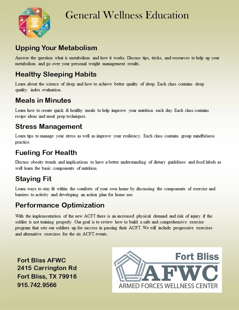 FortBlissAFWC's tweet photo. Here is our May 2024 class calendar &amp; class descriptions. 

#FortBlissAFWC #HealthPromotion #HealthEducation #PublicHealth #ExerciseScience #Nutrition #PhysicalActivity #Exercise #Sleep #StressManagement #Wellness #FortBliss #1stArmoredDivision #WBAMC https://t.co/x8a2w9eufM