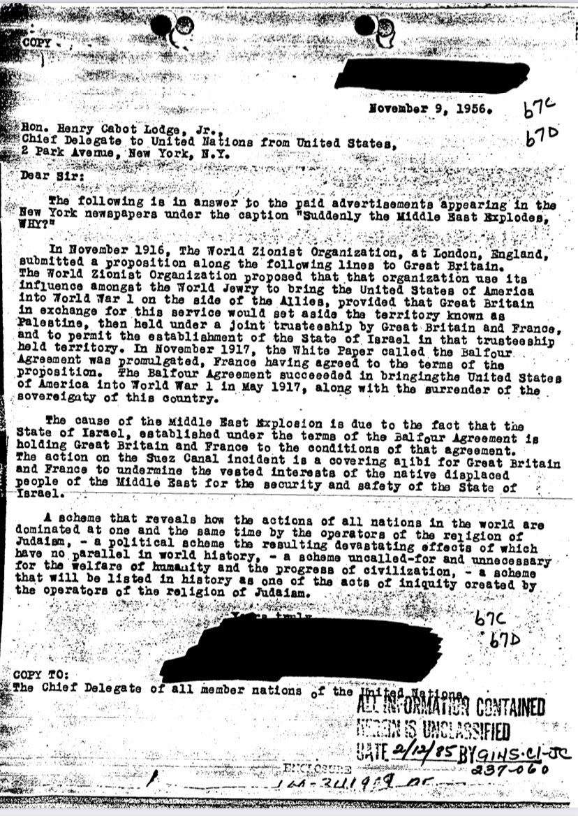 And for anyone wondering, here is a CIA document about the founding of Israel and the Balfour Declaration. Great Britain sold Palestine as a spoil of war to the richest family in the world.