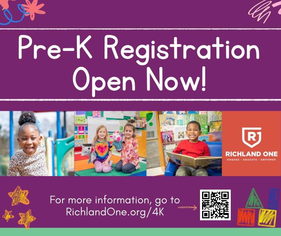 It's time to register your children for Richland One's pre-K programs‼ Richland One provides FREE pre-kindergarten programs for three and four-year-old children. To register, go to richlandone.org/4k or call 803-799-9494. #TeamOne #OneTeam