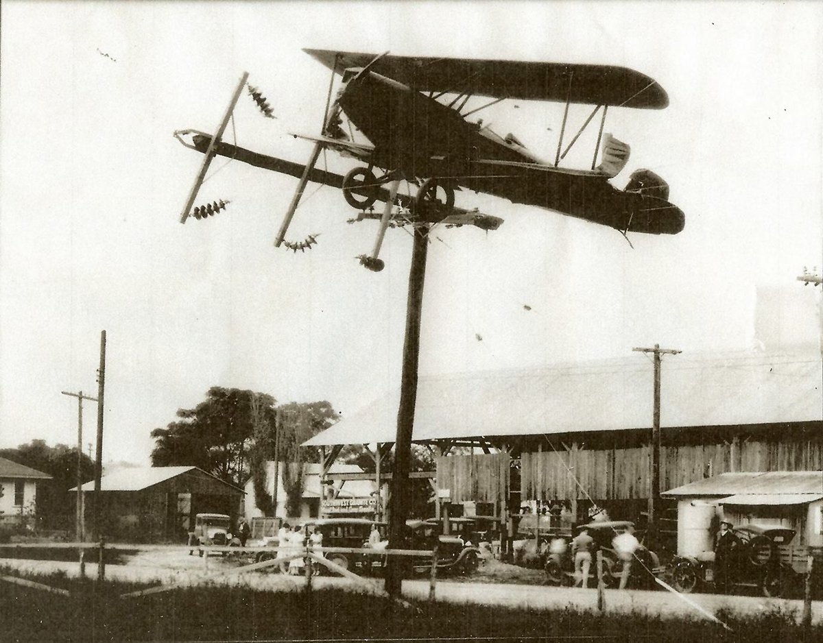 Traces of Texas reader Charles Besancon sent in this incredible 1915-1920 photo of a biplane that somehow managed to land on a electric pole in Fredericksburg.  According to Charles, they had to go all the way to Comfort to turn the electricity off. 

Thank you, Charles!  This is…