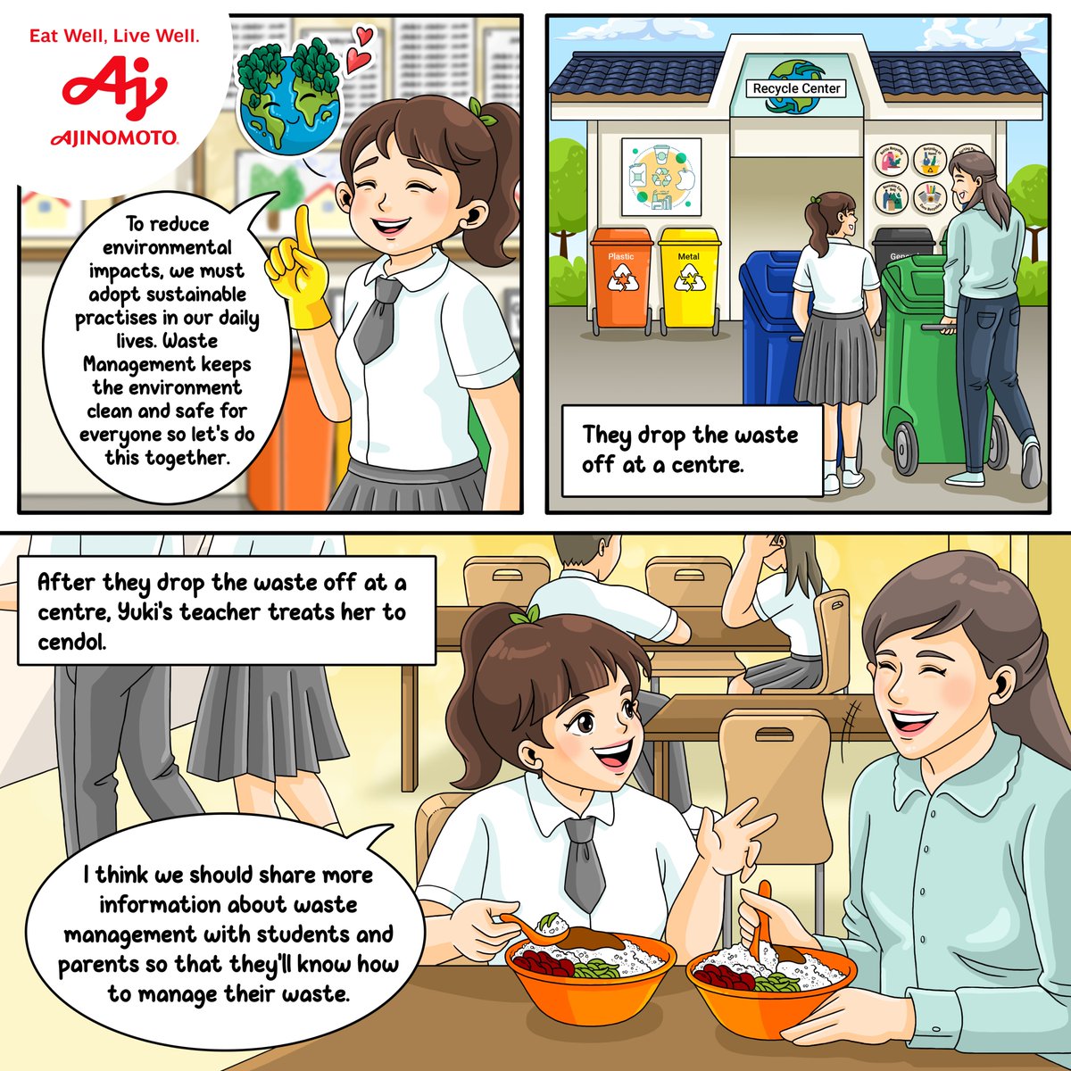 Yuki decides to stay after school to help her teacher sort waste. Read her story now.

#AjinomotoMalaysia #comic #environmentalsustainability #wastemanagement